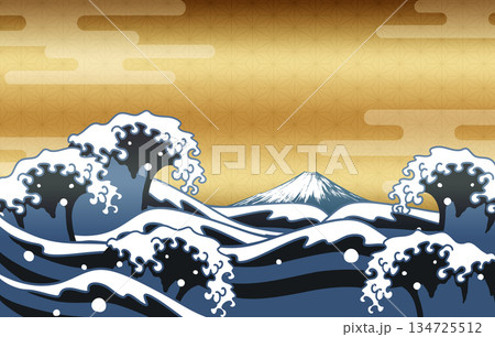浮世絵風の波と富士山、ゴールド和風背景 134725512