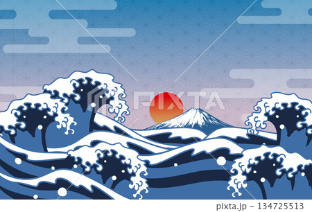 浮世絵風の波と富士山、初日の出の和風背景 浮世絵風の波と富士山、初日の出の和風背景 134725513