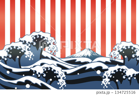 浮世絵風の波と富士山にストライプ背景の和風イラスト 浮世絵風の波と富士山にストライプ背景の和風イラスト 134725516
