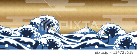 浮世絵風の波と富士山、ゴールド和風背景　横長 134725519
