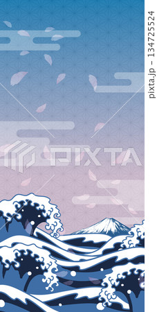 浮世絵風の波と富士山に桜が舞う和風背景　縦型 134725524