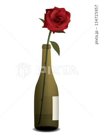 Red rose in the old green bottle of liquor isolated graphic illustration. 134725957