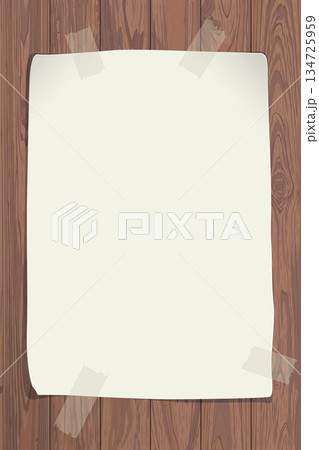 Blank old paper poster stuck with adhesive tape on Cut timber panels background graphic illustration. Blank old paper poster stuck with adhesive tape on Cut timber panels background graphic illustration. 134725959