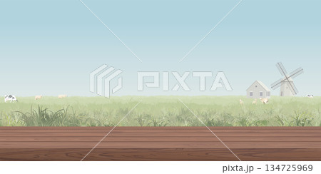 wooden counter mocha mousse tone have blank space for place the daily products presentation or advertisement with agriculture landscape and blue sky background graphic illustration. 134725969
