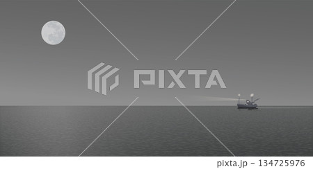 Minimalist monochromatic seascape at night with fishing boat in the sea and fullmoon in the sky graphic illustration. Minimalist monochromatic seascape at night with fishing boat in the sea and fullmoon in the sky graphic illustration. 134725976