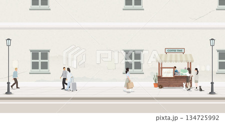 Old town landscape side view have coffee cart and many people on sidewalk graphic illustration. Old town landscape side view have coffee cart and many people on sidewalk graphic illustration. 134725992