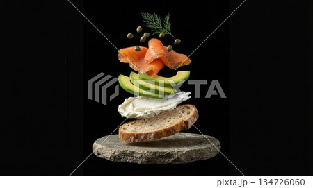 Deconstructed Salmon And Avocado Toast Ingredients black background 134726060