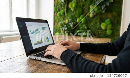 Person Working on Laptop in Eco Friendly Office with Green Moss Wall Person Working on Laptop in Eco Friendly Office with Green Moss Wall 134726067