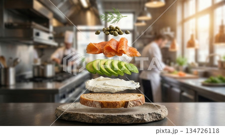 Deconstructed Salmon And Avocado Toast Ingredients in restraunts kitchen 134726118