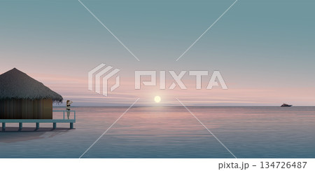 Minimalist sunset seascape with overwater bungalow have twilight sky background graphic illustration. Minimalist sunset seascape with overwater bungalow have twilight sky background graphic illustration. 134726487
