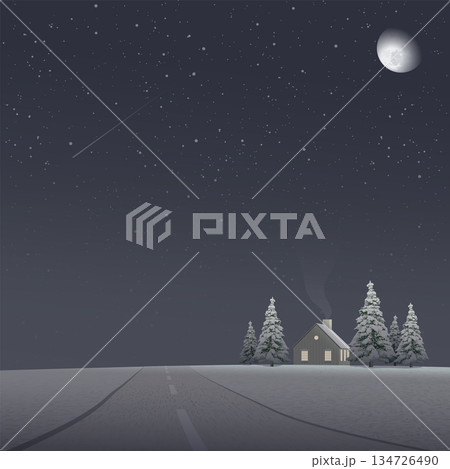 Local road through countryside with log cabin in winter season at night have moon and starry sky square background graphic illustration. 134726490