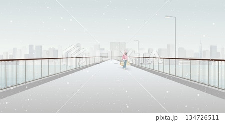 Minimalist cityscape in winter season with a woman holding a lot of shopping bags walking on pedestrian bridge across the river have skyscrappers and dusk sky background graphic illustration. Minimalist cityscape in winter season with a woman holding a lot of shopping bags walking on pedestrian bridge across the river have skyscrappers and dusk sky background graphic illustration. 134726511