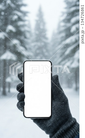 Mockup image of a hand holding a smartphone with a white screen in the winter forest 134726861