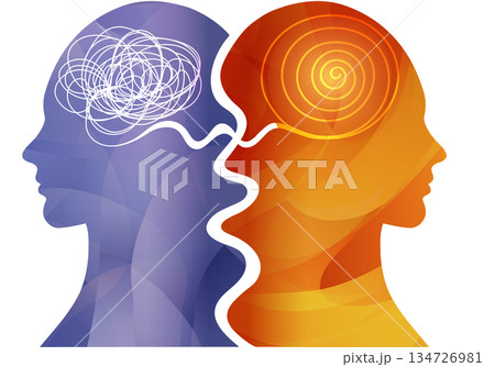 Bipolar disorder mental health concept with contrasting mind states in human profiles 134726981