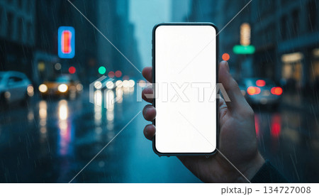Mockup image of a man's hand holding black mobile phone with blank white screen in the city at night 134727008