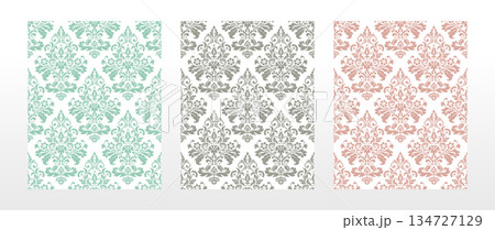 Wallpapers in the style of Baroque.. Set of colored floral ornaments. Seamless vector backgrounds Graphic patterns for fabric, wallpaper, packaging. Ornate Damask flower illustration Wallpapers in the style of Baroque.. Set of colored floral ornaments. Seamless vector backgrounds Graphic patterns for fabric, wallpaper, packaging. Ornate Damask flower illustration 134727129