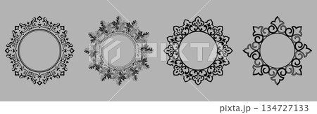 Set of decorative frames Elegant vector element for design in Eastern style, place for text. Floral black and gray borders. Lace illustration for invitations and greeting cards Set of decorative frames Elegant vector element for design in Eastern style, place for text. Floral black and gray borders. Lace illustration for invitations and greeting cards 134727133