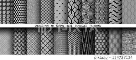 Geometric set of seamless black and gray patterns. Simple vector graphics 134727134
