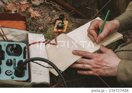 Russian Soviet Infantry Red Army Soldier In World War II using Russian Soviet Portable Radio Transceiver In Trench Entrenchment In Spring Autumn Forest. 4K. Headphones And Telegraph Key. Close Up Russian Soviet Infantry Red Army Soldier In World War II using Russian Soviet Portable Radio Transceiver In Trench Entrenchment In Spring Autumn Forest. 4K. Headphones And Telegraph Key. Close Up 134727486