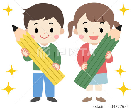 大きな鉛筆を持つ子供たちのイラスト 大きな鉛筆を持つ子供たちのイラスト 134727685