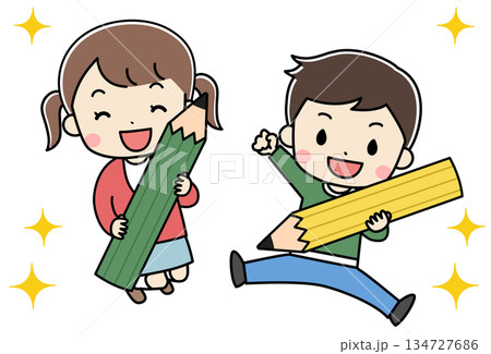 大きな鉛筆を持ってジャンプする子供たちのイラスト 大きな鉛筆を持ってジャンプする子供たちのイラスト 134727686