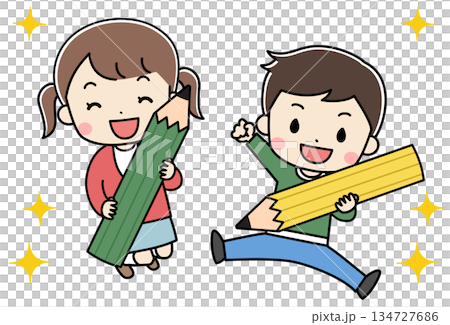 大きな鉛筆を持ってジャンプする子供たちのイラスト 大きな鉛筆を持ってジャンプする子供たちのイラスト 134727686