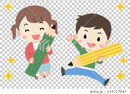 孩子們拿著大鉛筆跳躍的插圖 134727687