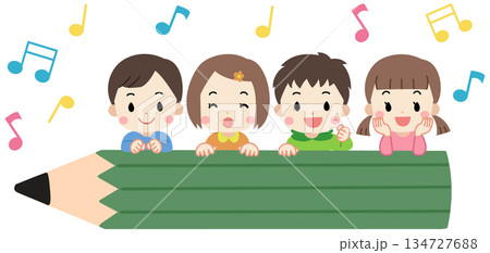 大きな鉛筆フレームと子供たちのイラスト 134727688