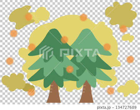 花粉が飛散するスギ花粉のイメージイラスト 134727689