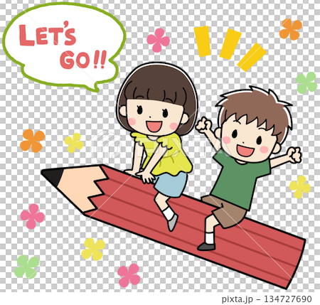 Illustration of Kids Riding on a Big Pencil 134727690