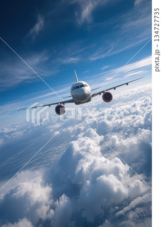 Commercial Airliner Soaring Above Clouds in Clear Blue Sky 134727735