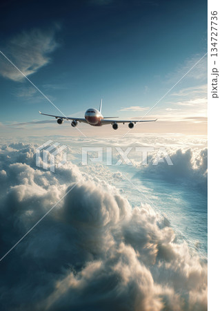 Elegant Airliner Soaring Above Clouds in Serene Blue Sky 134727736
