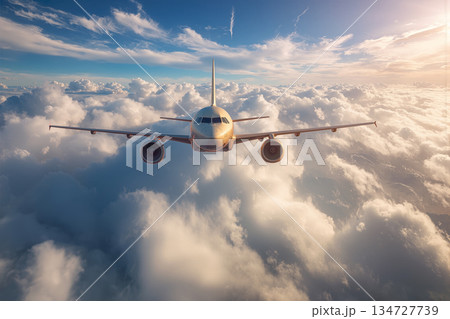 Modern Airplane Soaring Above Clouds in Bright Sunlight 134727739