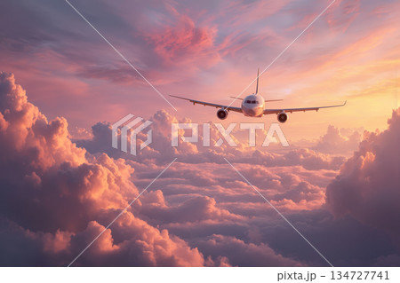 Airplane Soaring into Vibrant Sunset Sky with Golden and Pink Clouds 134727741