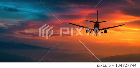 Silhouette of Airplane Flying at Sunset with Dramatic Horizon Colors 134727744