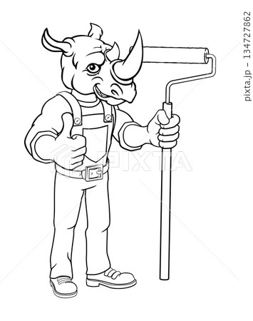 Rhino Painter Decorator Paint Roller Mascot Man 134727862