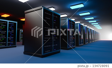 Server. Server data center. Backup, mining, hosting, mainframe, farm and computer rack with storage information. 3d rendering Server. Server data center. Backup, mining, hosting, mainframe, farm and computer rack with storage information. 3d rendering 134728091