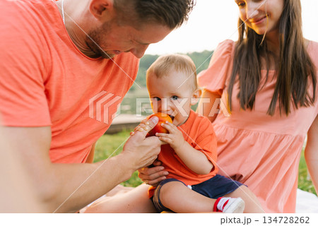 Father Feeding Toddler During Picnic Father Feeding Toddler During Picnic 134728262