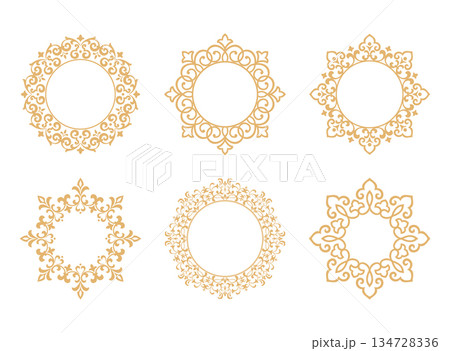 Set of decorative frames Elegant vector element for design in Eastern style, place for text. Floral golden and white borders. Lace illustration for invitations and greeting cards 134728336