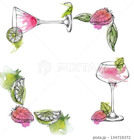 Fresh pink Cosmopolitan, Strawberry Daiquiri or Margarita in coupe glass, cocktail border with berry, lime and mint garnish. Watercolor and ink corner frame, hand drawn for events, boutique branding. 134728372
