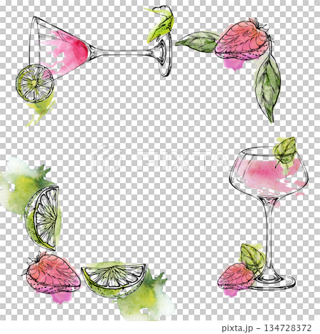 Fresh pink Cosmopolitan, Strawberry Daiquiri or Margarita in coupe glass, cocktail border with berry, lime and mint garnish. Watercolor and ink corner frame, hand drawn for events, boutique branding. 134728372