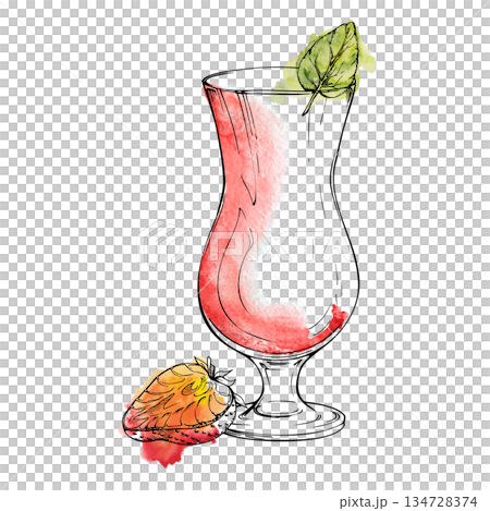 Strawberry daiquiri, fruit juice or milkshake cocktail in hurricane glass, berry slice and mint leaf garnish. Watercolor and ink mixed hand drawn illustration. Cafe or bar summer menu, vendor board Strawberry daiquiri, fruit juice or milkshake cocktail in hurricane glass, berry slice and mint leaf garnish. Watercolor and ink mixed hand drawn illustration. Cafe or bar summer menu, vendor board 134728374