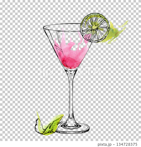 Bright pink lady Cosmopolitan cocktail in martini glass with lime slice and wheel, watercolor wash, ink lines. Isolated illustration for event graphics, product packaging, cocktail-themed branding. Bright pink lady Cosmopolitan cocktail in martini glass with lime slice and wheel, watercolor wash, ink lines. Isolated illustration for event graphics, product packaging, cocktail-themed branding. 134728375
