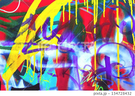Abstract Graffiti Art with Yellow, Purple, Red, Blue Colors for Urban 90s, Y2K Style 134728432