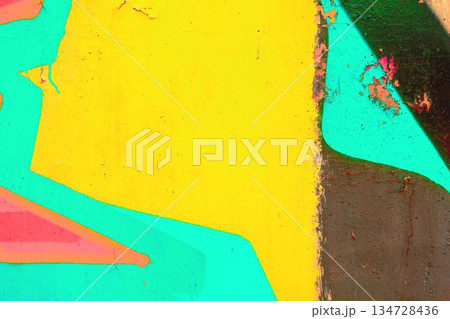 Abstract Colorful Graffiti Wall in Yellow, Turquoise, Pink with 90s Y2K Street Art Style Abstract Colorful Graffiti Wall in Yellow, Turquoise, Pink with 90s Y2K Street Art Style 134728436