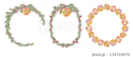 Set of Christmas wreath with yellow glass balls and yew branch in the circle and oval shape. Pink and green hand painted watercolor add a winter mood. Ideal for festive frame template and card design. Set of Christmas wreath with yellow glass balls and yew branch in the circle and oval shape. Pink and green hand painted watercolor add a winter mood. Ideal for festive frame template and card design. 134728470
