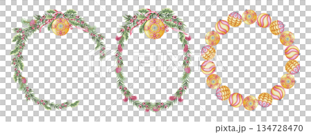Set of Christmas wreath with yellow glass balls and yew branch in the circle and oval shape. Pink and green hand painted watercolor add a winter mood. Ideal for festive frame template and card design. Set of Christmas wreath with yellow glass balls and yew branch in the circle and oval shape. Pink and green hand painted watercolor add a winter mood. Ideal for festive frame template and card design. 134728470