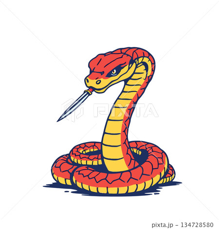 Vsai aggressive coiled snake holding dagger in mouth 134728580