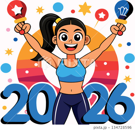 Vsai woman celebrating new year 2026 fitness resolution with dumbbells 134728596