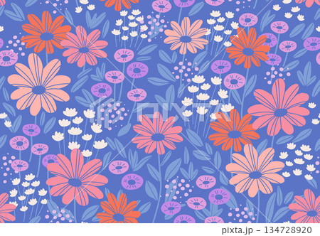 フラワー柄のシームレスパターン　花畑のファブリック 134728920